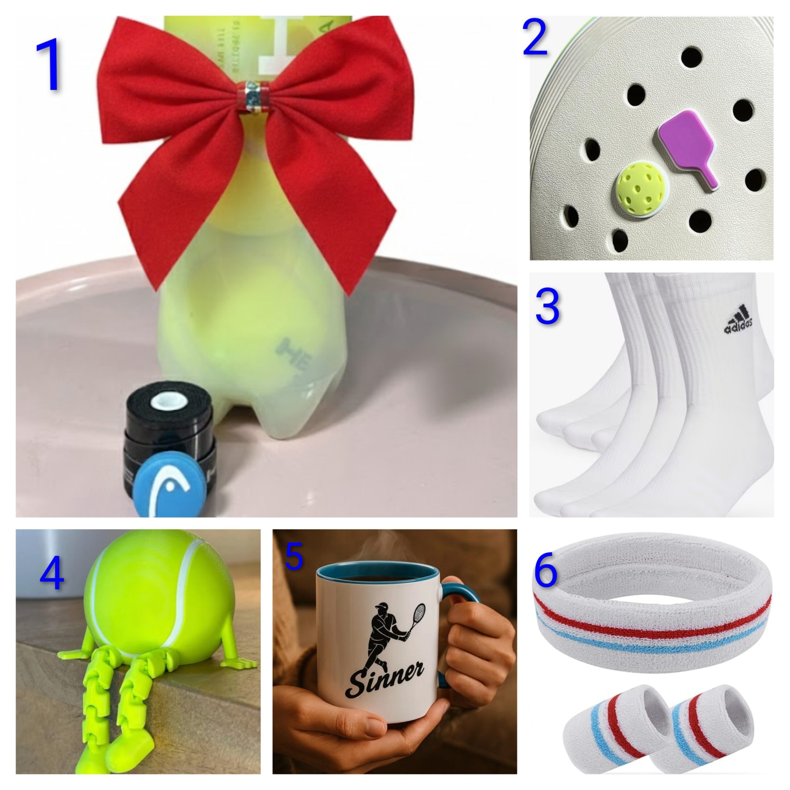 Six numbered pictures of the Christmas gifts described in the text, including a novelty tennis ball with legs sitting on the edge of a table