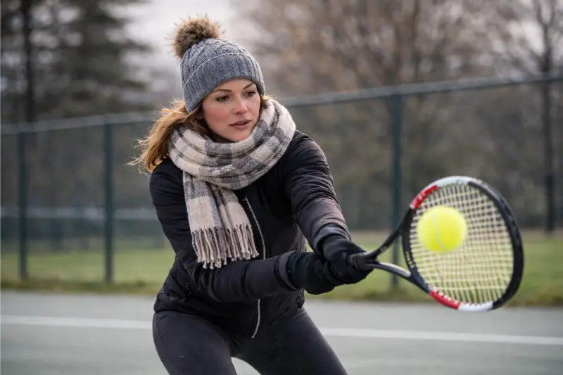A woman wearing hat, scarf and gloves hits a tennis ball