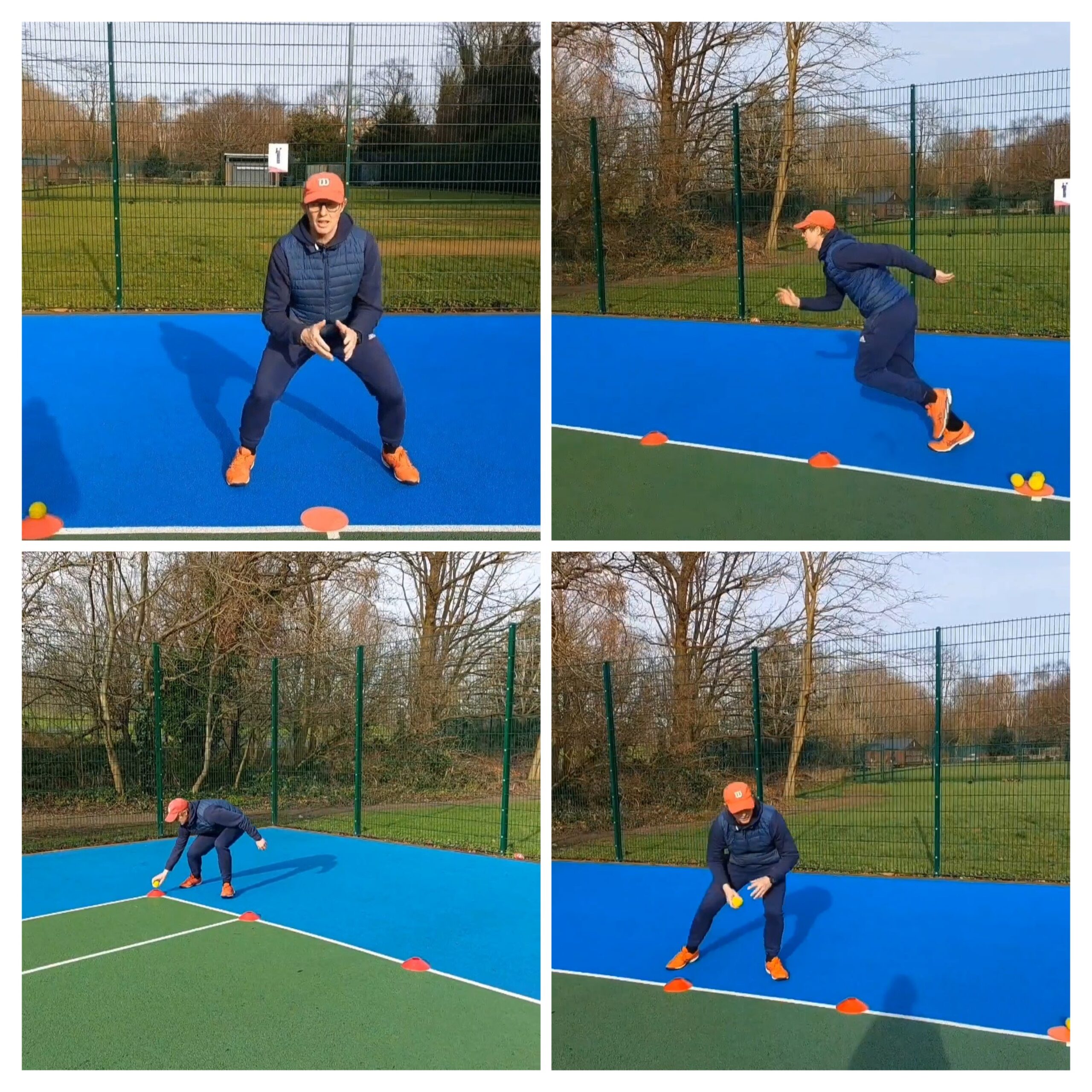 Four images show a coach moving quickly back and forth cones on a tennis court line