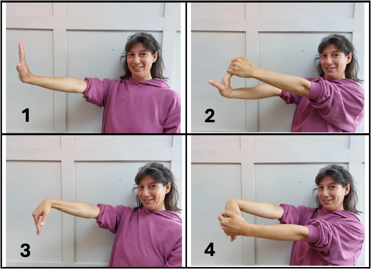A grid of four photos of a woman demonstrating the stretches described in the text