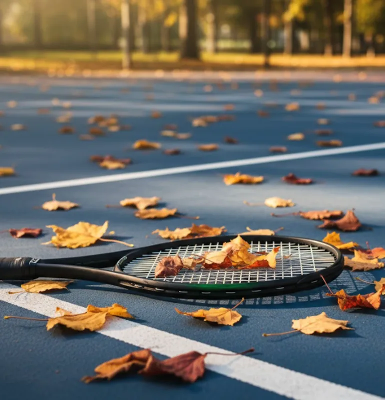 A tennis racket lies among fallen leaves on a court