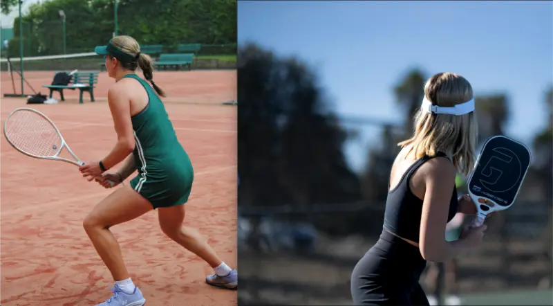 A woman faces a tennis serve; a woman holds a pickleball racket gently